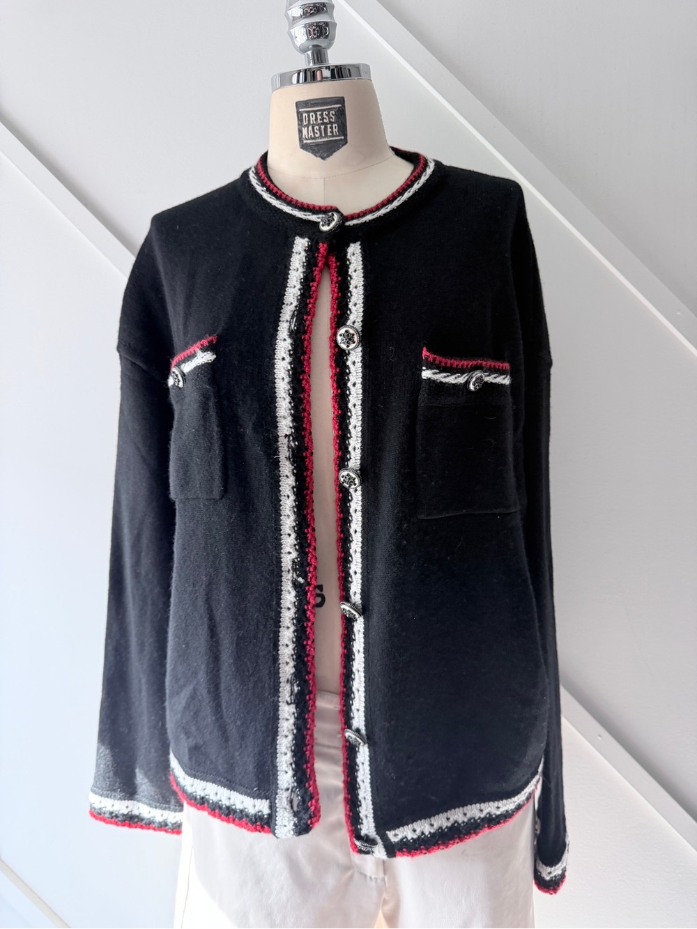 Cashmere Trim Button Front Cardigan Black Size S (Approx.)| Contrast Knit Luxury